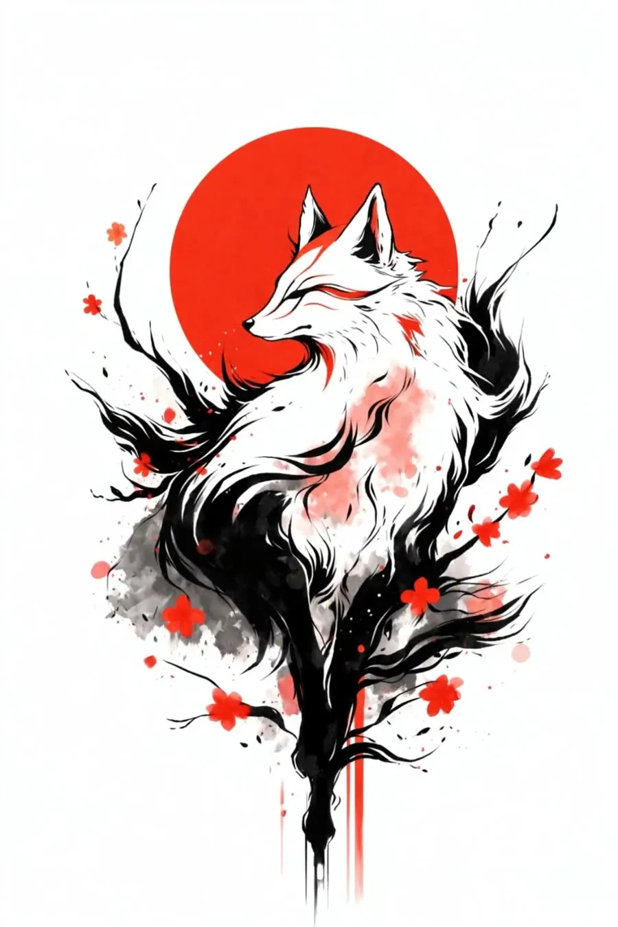 Sumi-e illustration of a nine-tailed kitsune spirit.